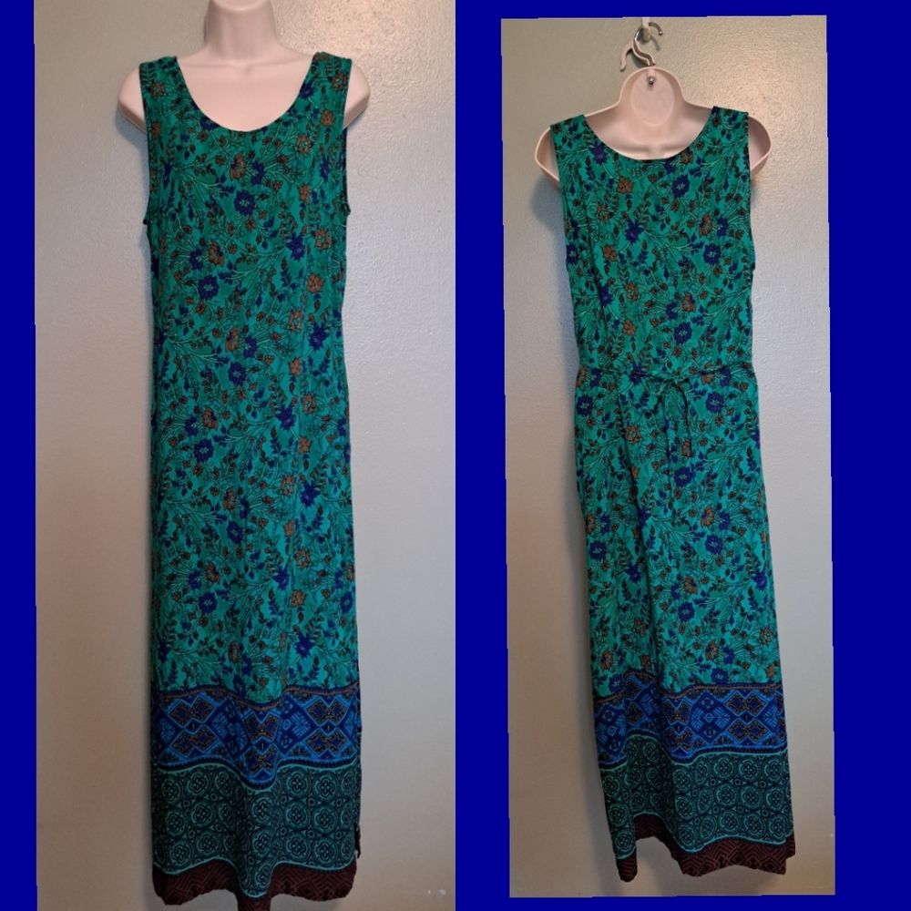 Turquoise Boho Floral Dress R & K Originals Size 14 Summer Rayon